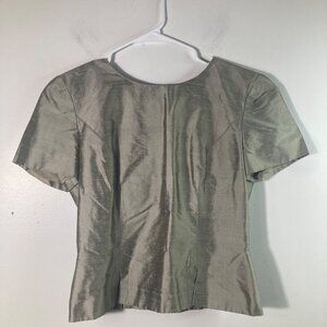 Womens Vintage Maggy London Slub Silk Top Short Sleeve Gray 4 Lined Button Back